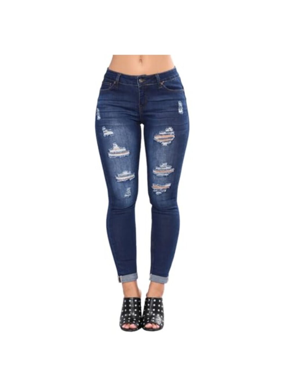 Women's Stretch Ripped Skinny Jeans Mid Rise Ankle Length Denim Pants